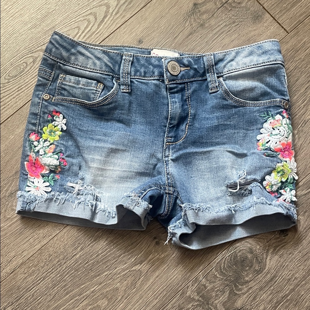 SO Girl Blue Jean Shorts with Floral Embroidery
